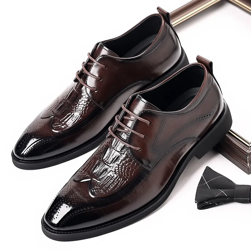 Scarpe in Pelle Formali da Uomo Business Stile Britannico Intaglio Brogue Motivo Coccodrillo Stringate Oxford Derby per Matrimonio Banchetto