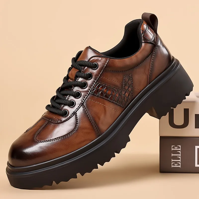 Men Business Casual Derby Shoes British Style Crocodile Pattern Thick Sole Formal Dress Shoes Microfiber Leather Loafers