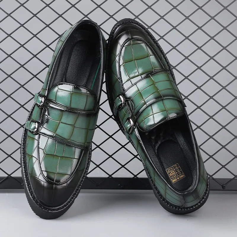 Men's British Style Double Monk Strap Casual Leather Shoes Crocodile Pattern Thick Sole Slip-on Loafers Fashion Non-slip