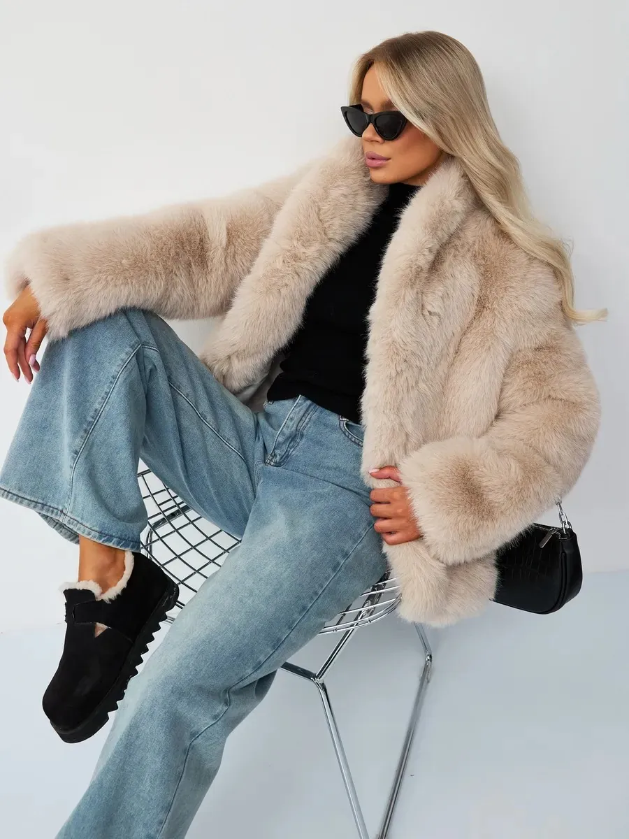 Damen Kunstpelzmantel Winter Verdickte Warme Plüschjacke Stehkragen Elegante Kunstfuchspelz Oberbekleidung Einfarbig Mode Top