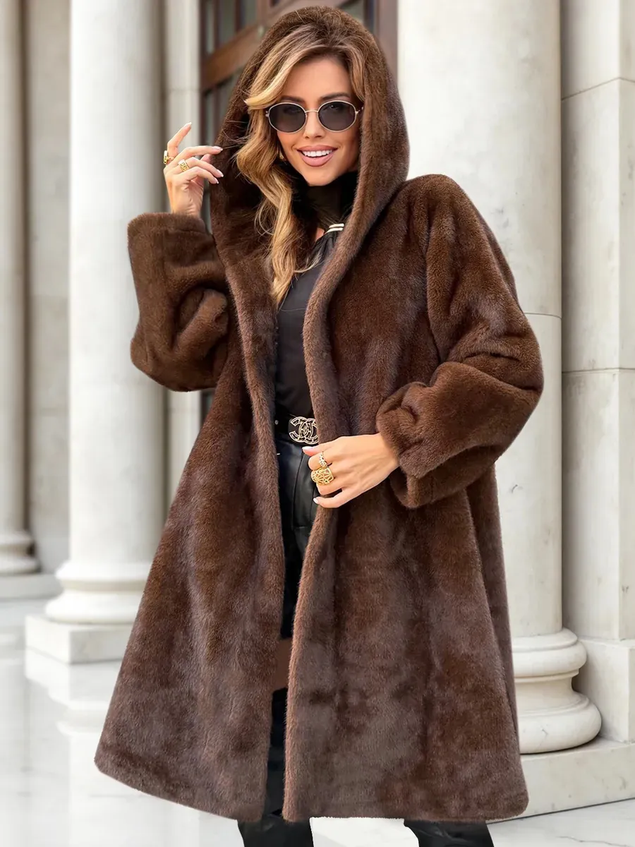 Women Winter Long Faux Fur Coat Hooded Thickened Warm Mink Look Jacket Solid Color Fashion Luxury Outerwear