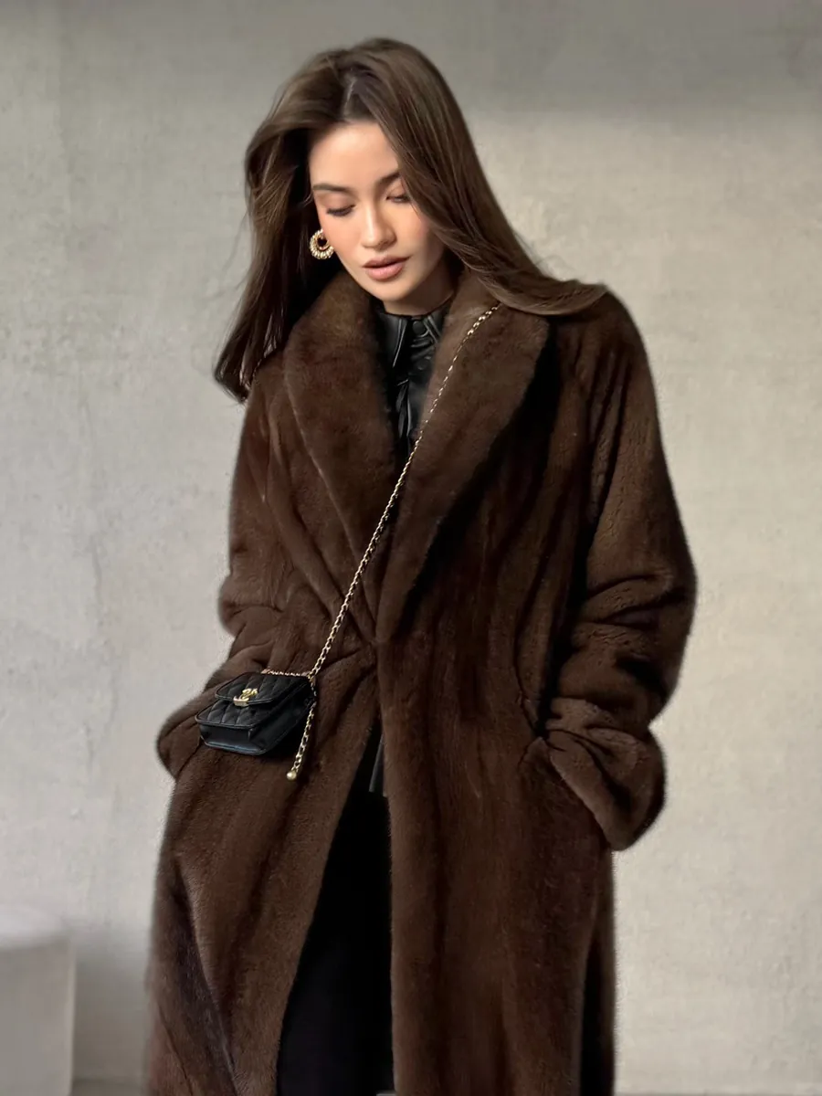 Women's Extra Long Faux Fur Coat Winter Warm Mink-Like Hair Overcoat With Belt Dark Brown Luxury Outerwear