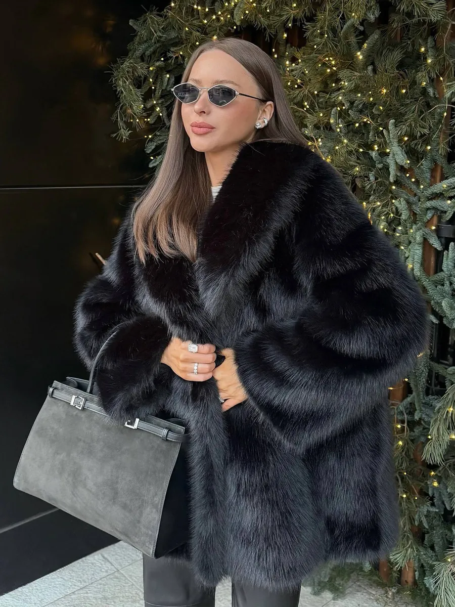 Damen Mittellanger Kunstpelzmantel Luxuriöser Schalkragen Schwarz Zotteliger Übermantel Warmer Wintermantel Im Russischen Stil