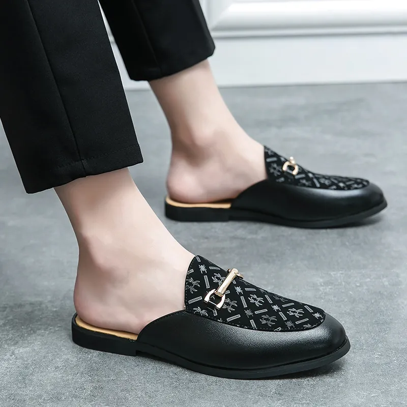 Zapatos Mules Casuales para Hombre de Cuero Sintético Sin Cordones Sin Talón Con Hebilla de Metal Estampado de Araña