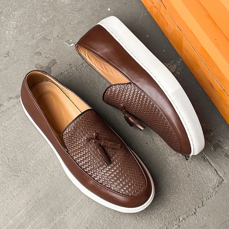 Mocasines con Borlas Informales de Negocios para Hombre Cuero Sintético Textura Trenzada Zapatillas de Deporte Suela Blanca Gruesa Moda Hombre Zapatos Planos