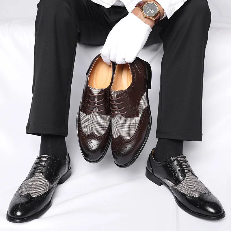 Herren Vintage Britisch Brogue Business Formelle Schuhe Spitze Zehe Schnürung Mikrofaser Leder Hahnentritt Patchwork Lederschuhe