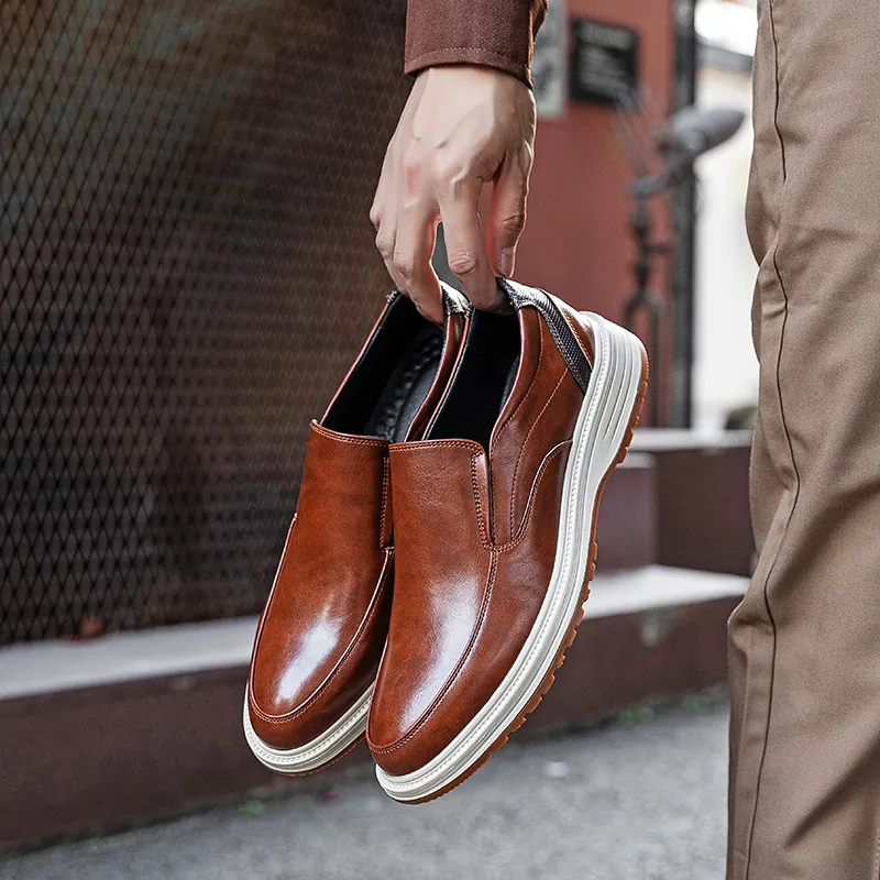 Men Business Casual Loafers PU Leather Slip-On Shoes For Office Daily Fashion Stitched Contrast Sole Spring Loafers