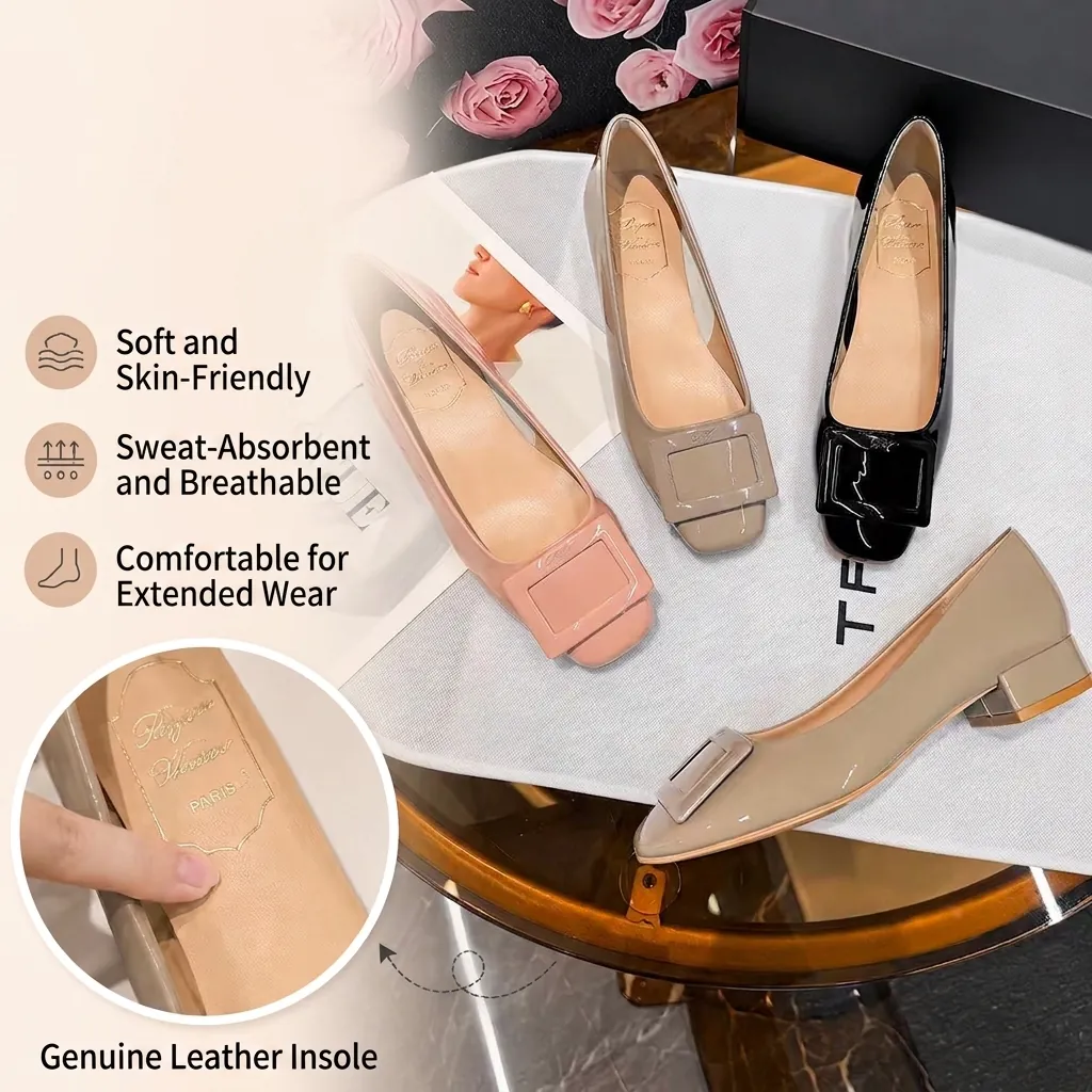 Women Patent Leather Block Heel Pumps With Square Toe And Buckle Decorative Genuine Leather Insole Office Shoes Lady Footwear