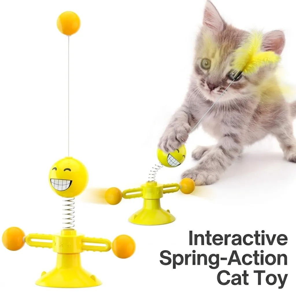 Multi-functional Suction Cup Spring Cat Toy with Feather and Ball Interactive Teasing Stick for Indoor Cats Playing Exercise