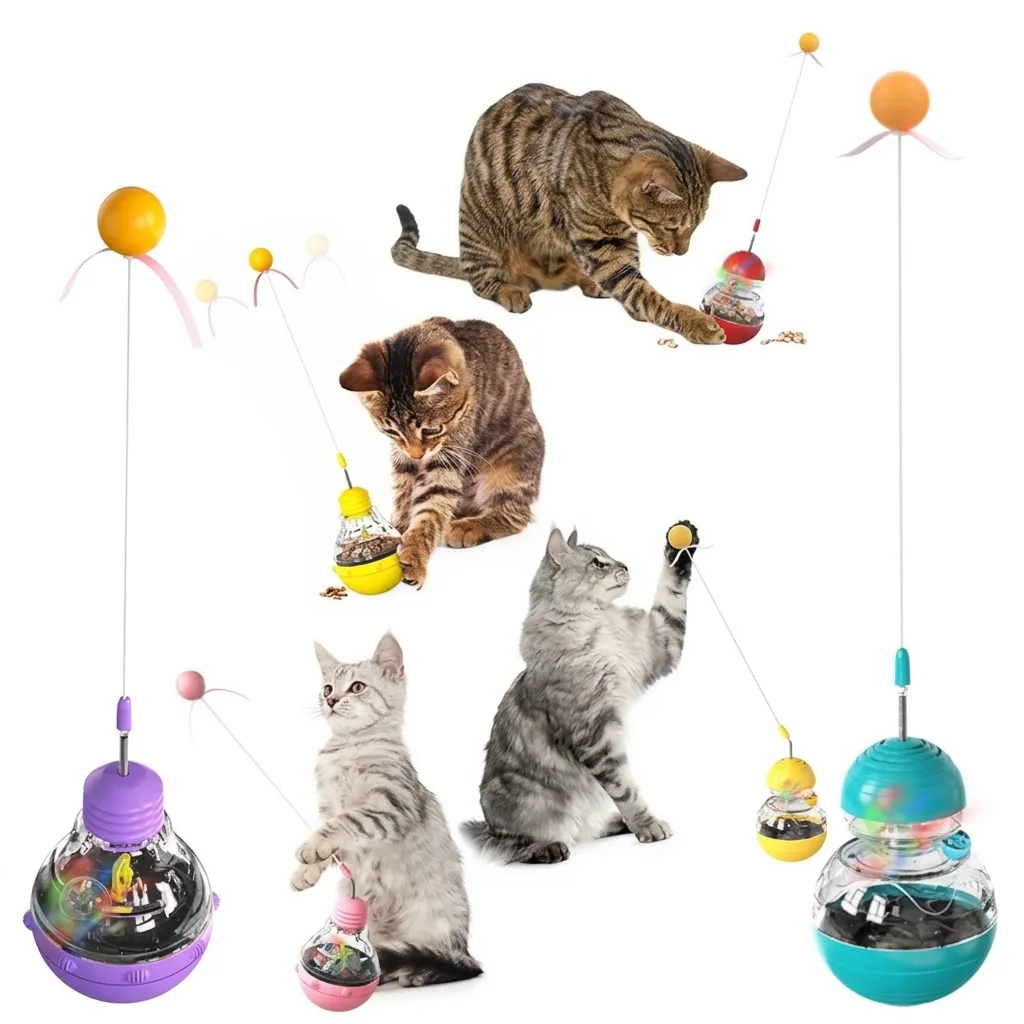 Interactief Tuimelaar Katzenspeelgoed Slow Feeder Puzzel Speelgoed met Veerstaaf en Lichtgevende Bal voor Binnenkatten