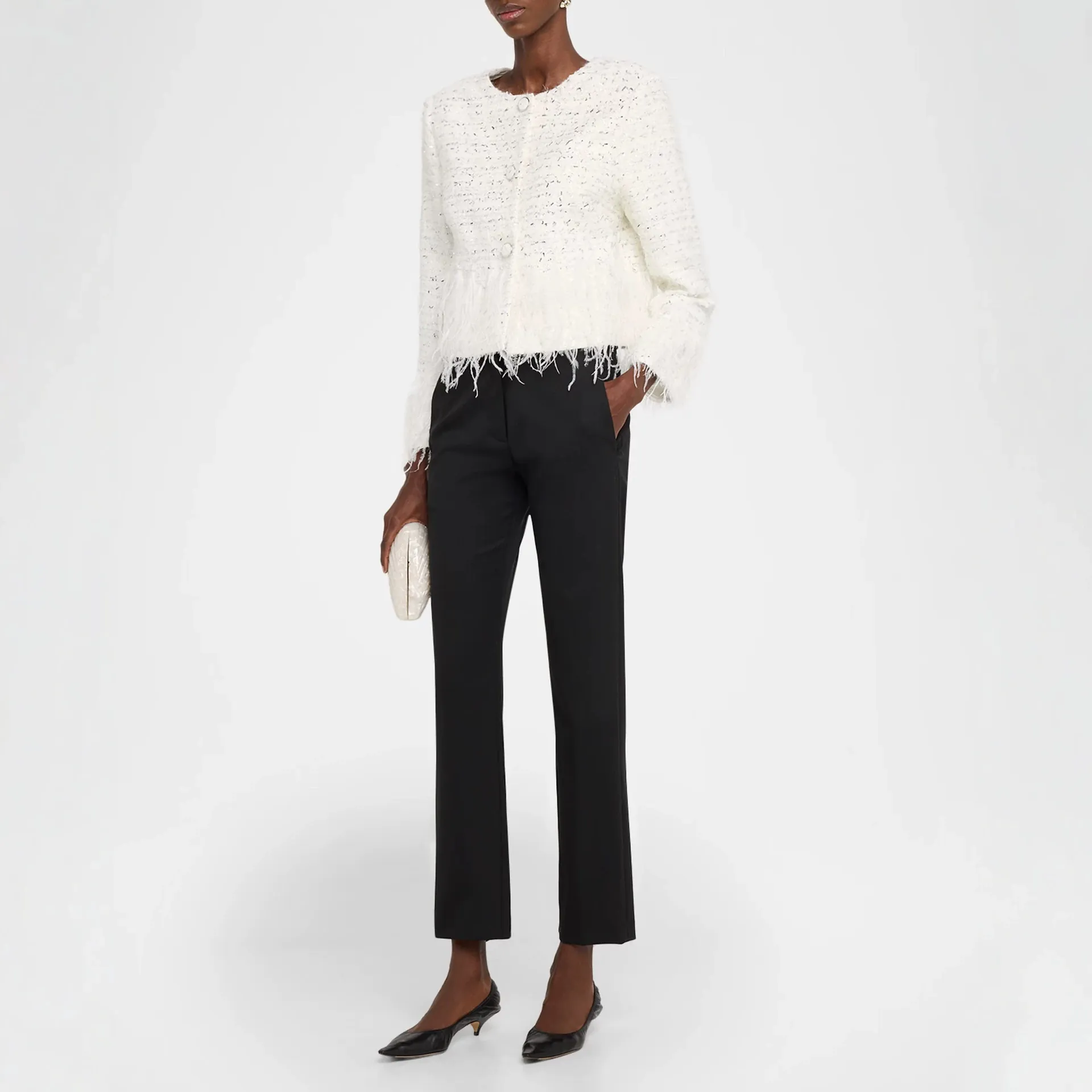 Veste en Tweed Élégante pour Femmes Blanc Mélange de Laine Haut Court Avec Franges en Plumes Paillettes Style Français pour Fête
