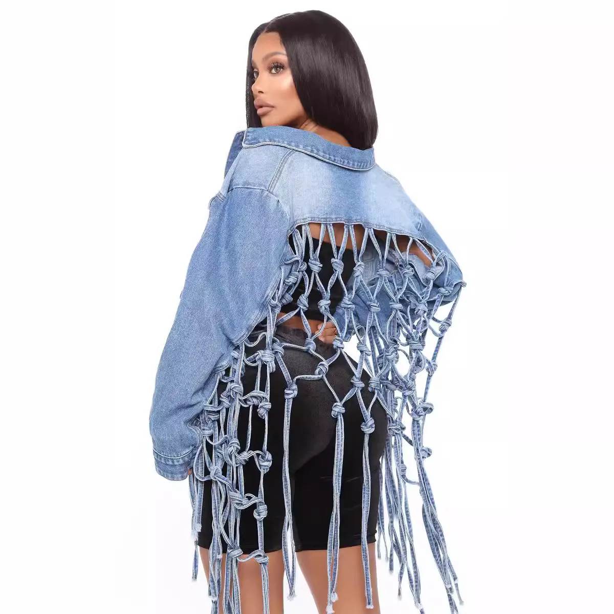 Veste en Jean Courte Bleu Clair pour Femmes avec Dos en Maille à Glands Coupe Ample Manches Longues Manteau en Jean Streetwear