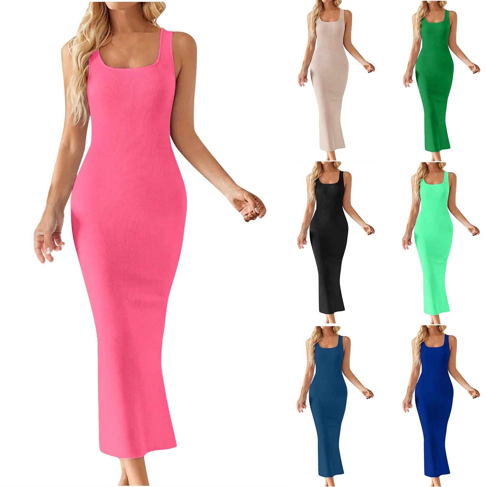 Women Sexy Ribbed Knit Tank Dress Sleeveless U-Neck Bodycon Midi Dress With Side Slit Summer Casual Beach Party Dress
