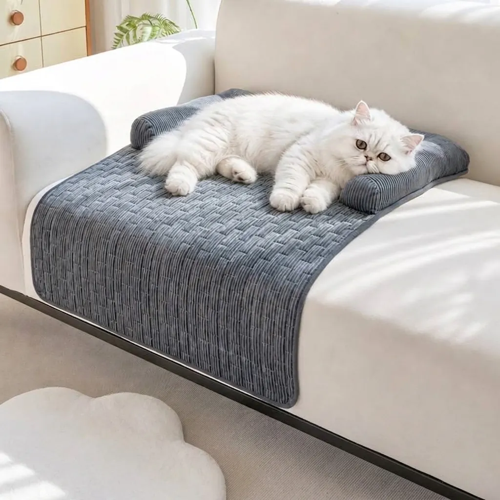 Corduroy Plush Pet Sofa Protector Bed Mat with U-Shaped Bolster Quilted Dog Couch Cover Washable Warm Non-Slip Indoor Furniture Protector
