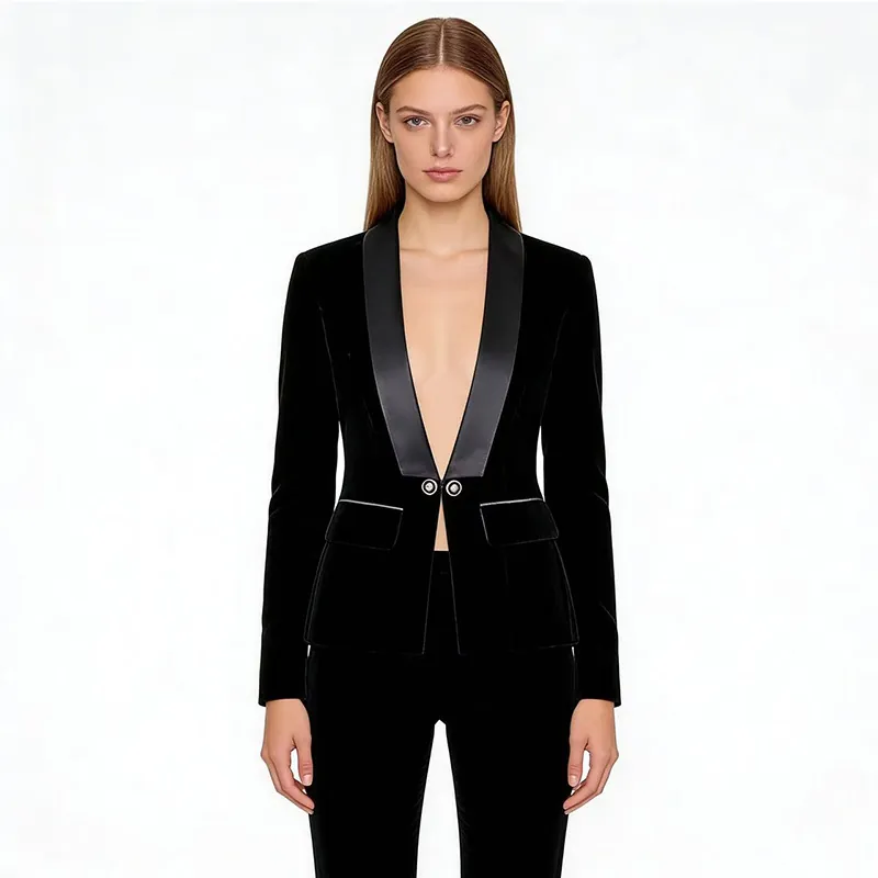 Women Golden Velvet Suit Jacket Elegant Satin Shawl Collar Slim Fit Blazer Top For Office Party Casual Outerwear