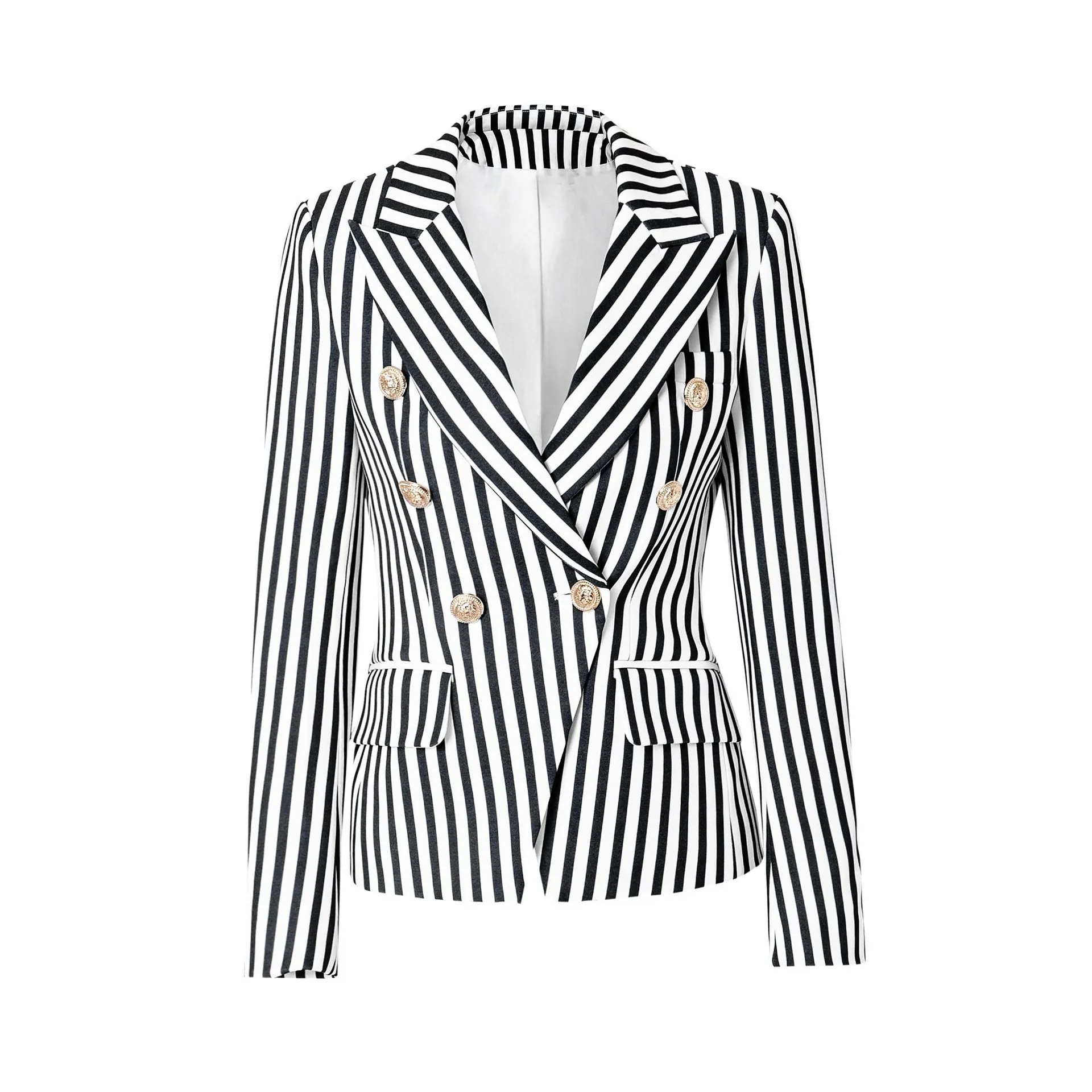 Chaqueta Americana Vintage a Rayas para Mujer Doble Botonadura Botones Dorados Corte Ajustado Poliéster Oficina Casual Top
