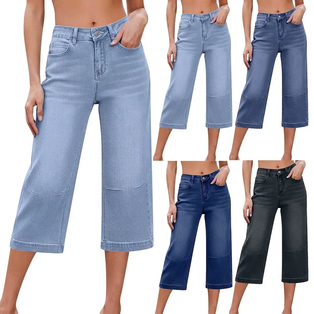 Jeans Femme Taille Haute Jambe Large Effet Vieilli Court Doublé de Polaire Denim Large Grande Taille Pantalon Décontracté