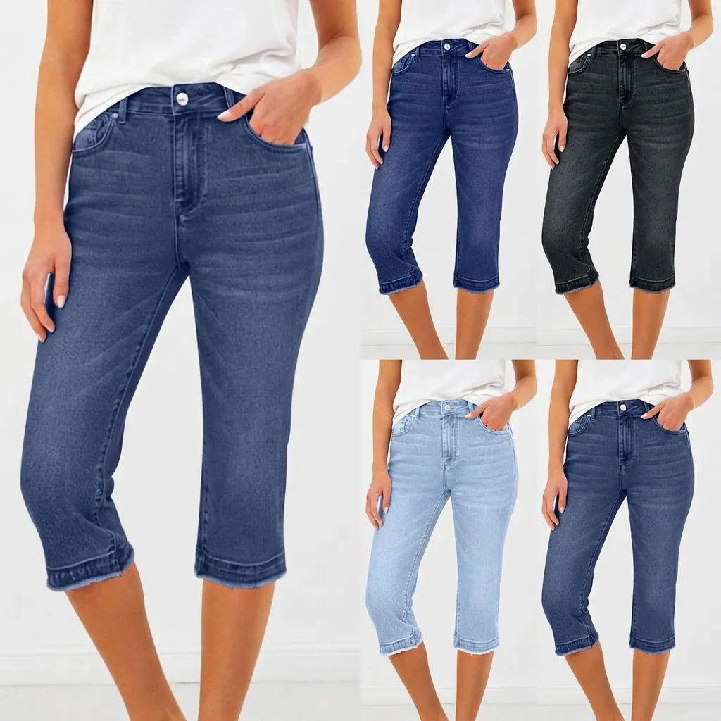 Pantacourt en Jean Femme Haute Elasticité Coupe Ajustée Style Européen Américain Jean Skinny Délavé avec Ourlet Effiloché Pantalon Cropped Décontracté