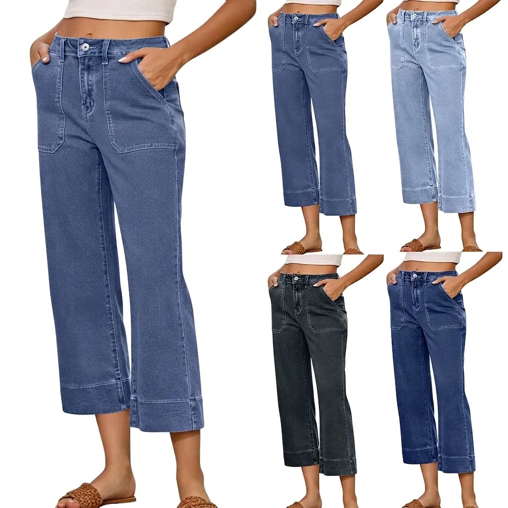 Jeans Femme Taille Haute Large Court Pantalon en Denim de Coton Décontracté avec Grandes Poches Plaquées Style Occidental Jambe Droite
