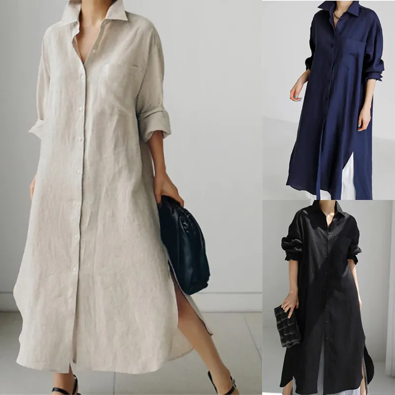 Vestido Camisero de Lino y Algodón Casual para Mujer Manga Larga Abotonado Vestido Largo Holgado Con Aberturas Laterales Oficina