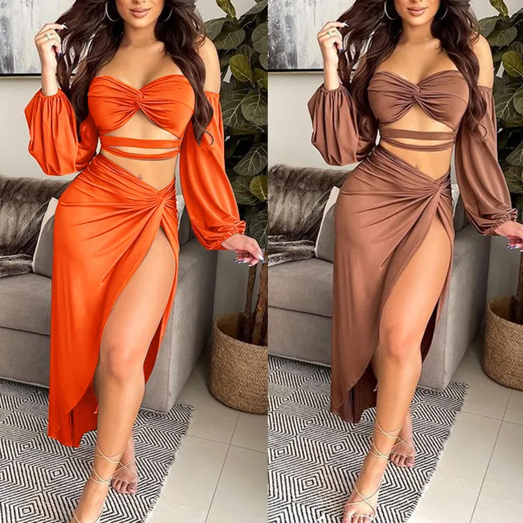 Damen Top And Bottom Sexy Ausschnitt Kleid Set Schulterfrei Langarm Knotendetail Crop Top Hoher Schlitz Asymmetrischer Midi Rock Nachtclub Outfit