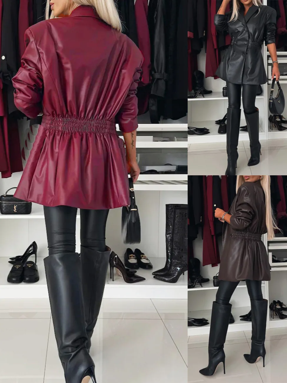 Damen Kunstleder Grabenmantel Elegant Doppelreihig Revers Mittellang Taille Gesmokte Jacke Pendler Büro Oberbekleidung