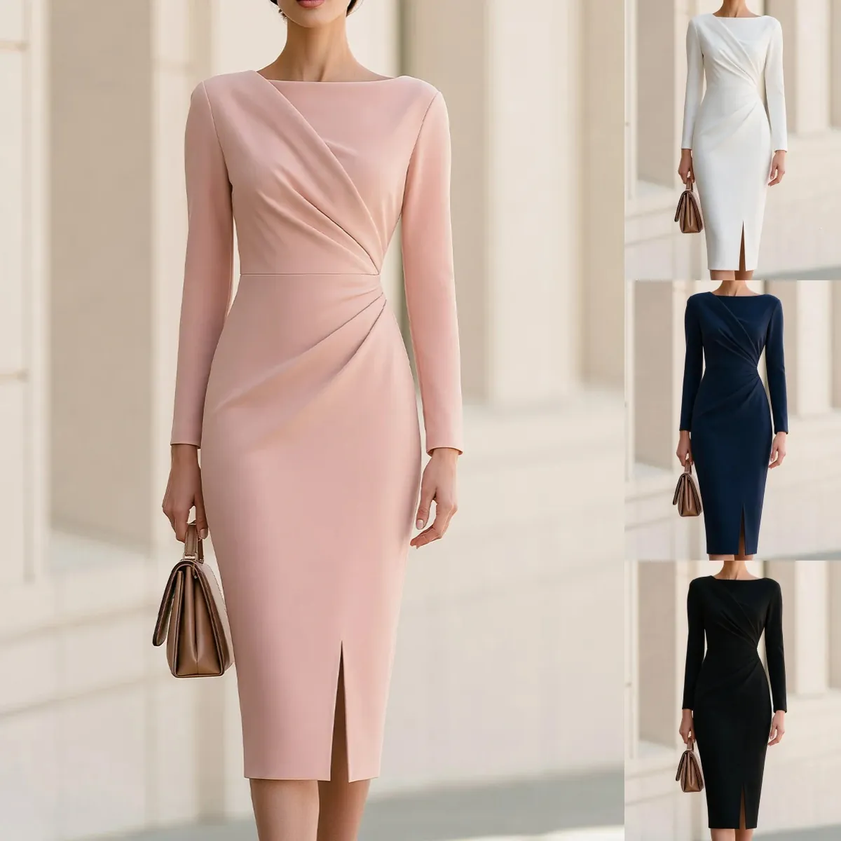 Femme Col Bateau Manches Longues Robe Midi Taille Froncée Fente Frontale Élégante Moulante Bureau Banlieue Jupe Crayon