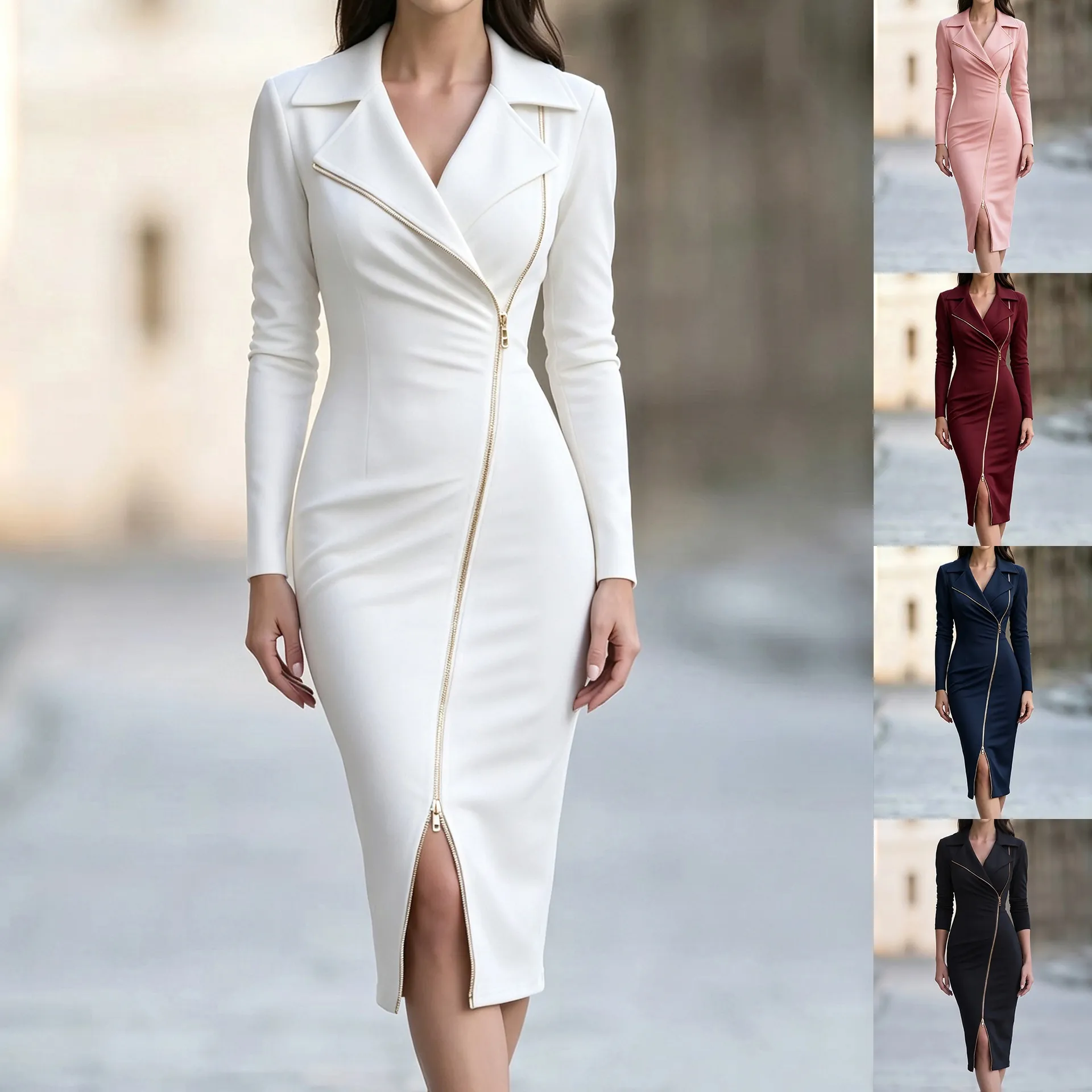 Polyester Blazer Collar Long Sleeve Midi Dress With Asymmetrical Zipper Slim Fit Slit Office Banquet Elegant Dress For Women