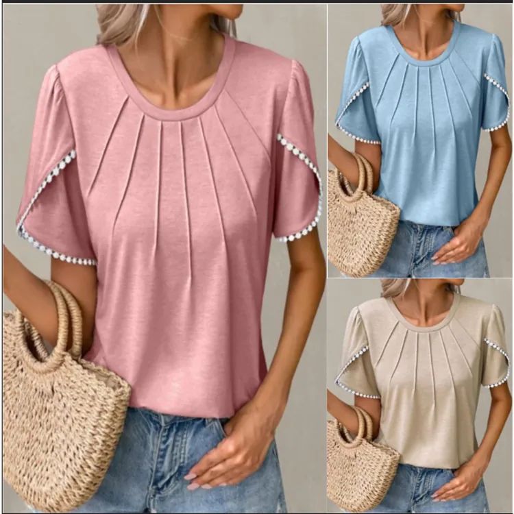 Women Casual Polyester T-Shirt Round Neck Pleated Solid Color Tulip Short Sleeve Top With Pom Pom Fringe Trim