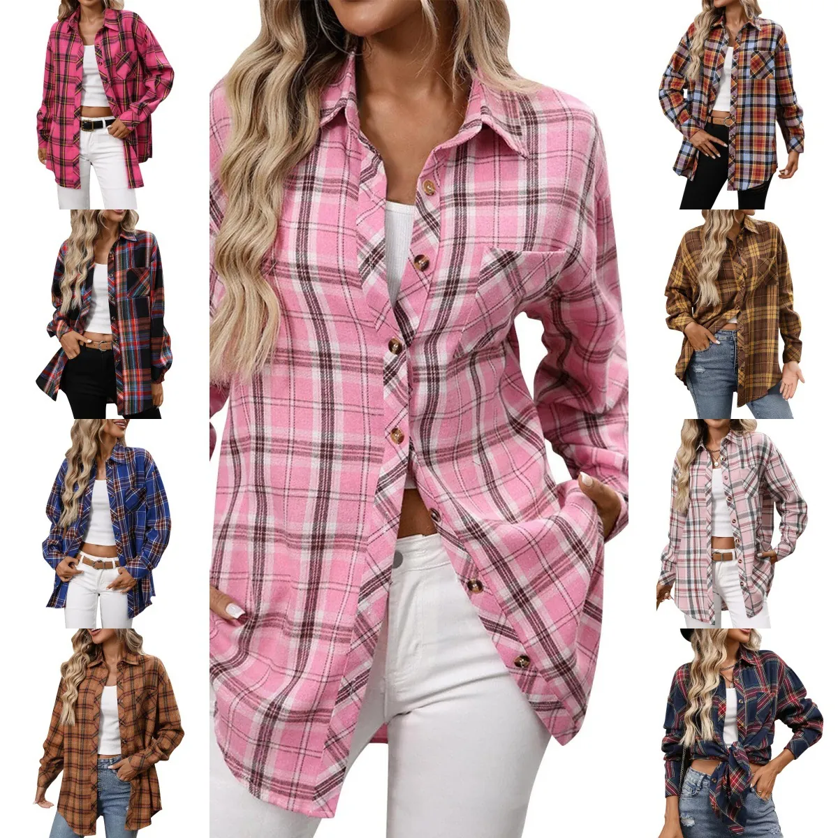 Women Plaid Long Sleeve Shirt Vintage Oversized Button Down Checkered Top With Pocket Casual Lapel Loose Fitting Blouse