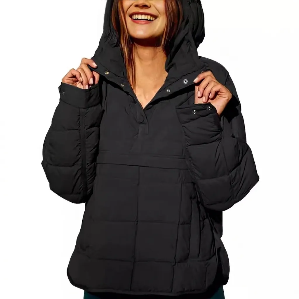 Damen Gesteppt Steppjacke Mit Kapuze Pullover Top Einfarbig Langarm Lose Wattierte Oberbekleidung Für Herbst Winter