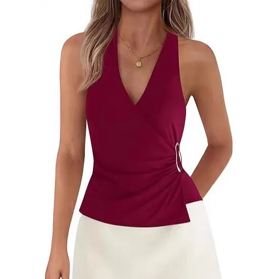 Women Halter Neck V-Neck Sleeveless Crop Top Sexy Ruched Wrap Backless Top With Metal Ring Solid Color Summer Fashion Top