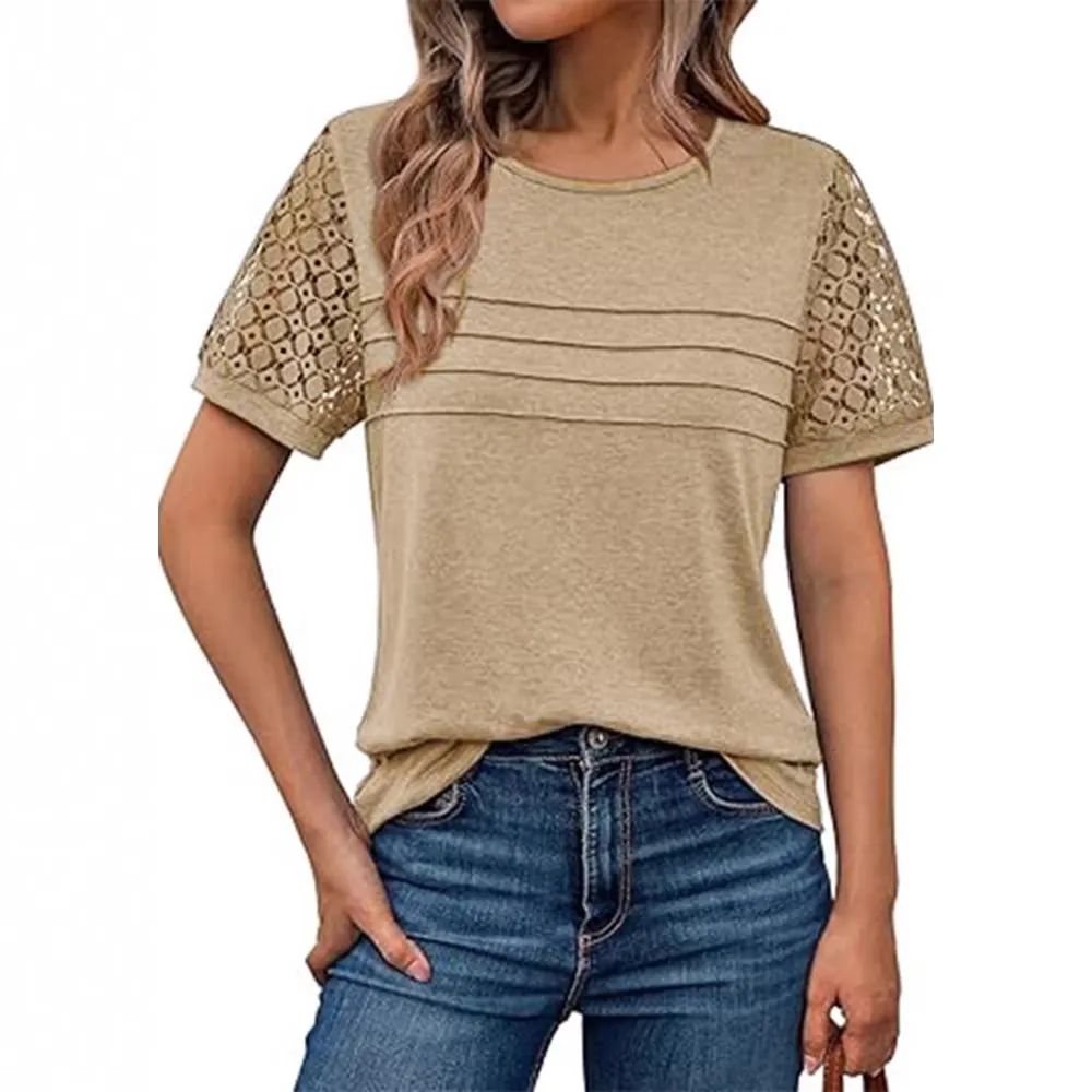 Maglietta da Donna Girocollo Top in Poliestere a Manica Corta Traforato in Pizzo Camicetta Pieghettata Casual Larga Estate Elegante
