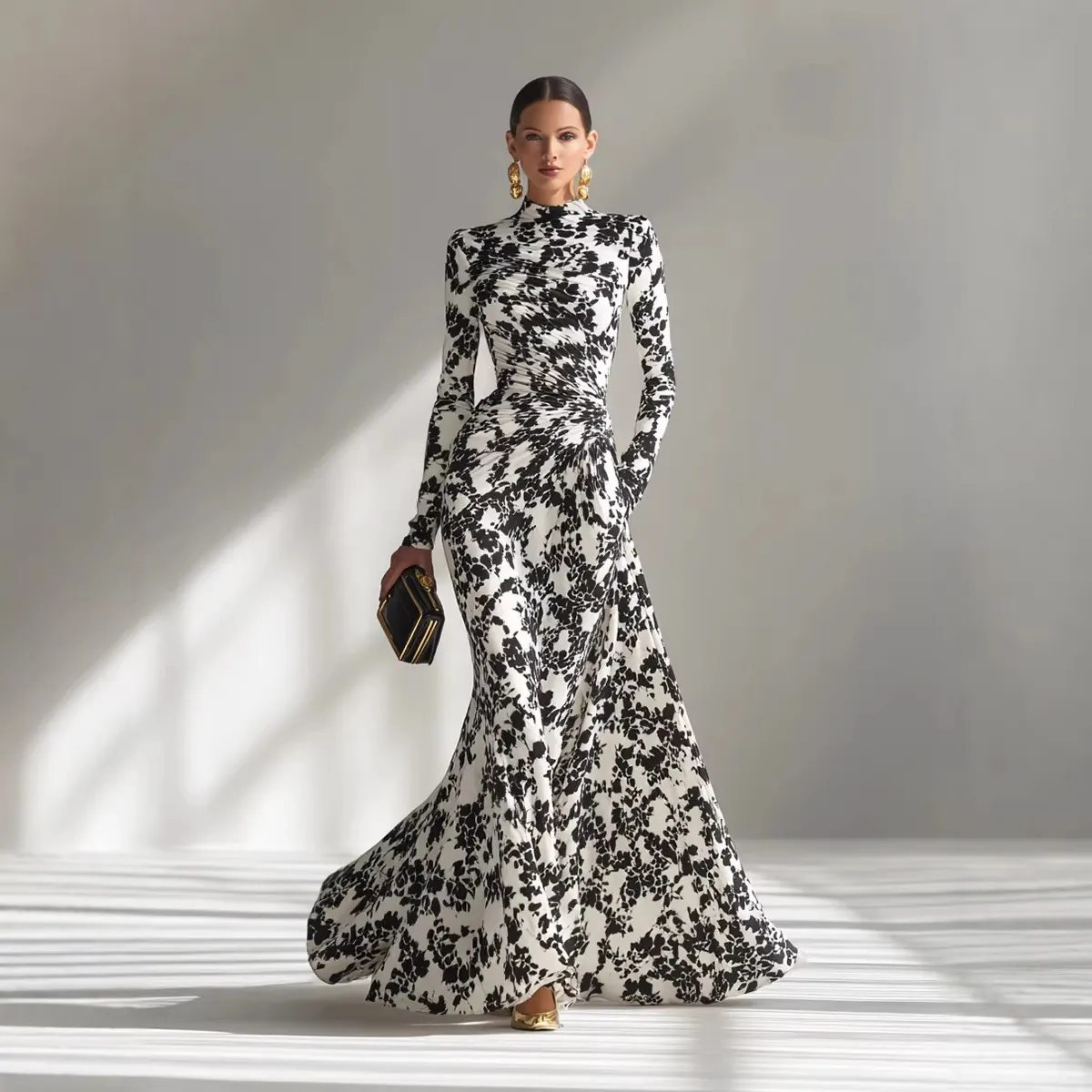 Elegante Vestido Largo de Mujer de Manga Larga con Estampado Floral y Fruncido Vestido de Noche Ajustado para Fiesta Banquete Corte Slim