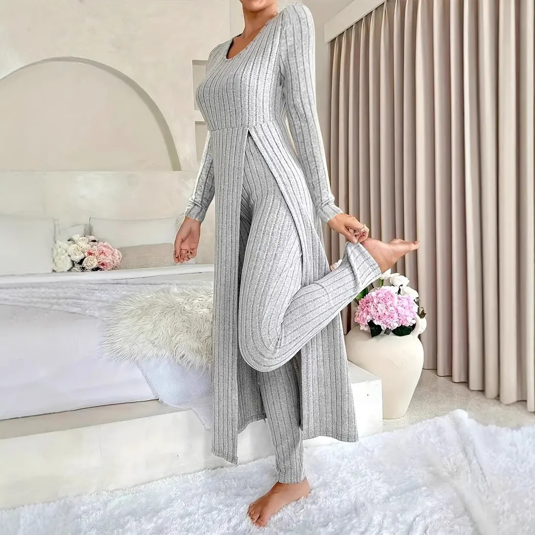 Women Casual Ribbed Knit Round Neck Side Slit Top And Bottom Set Solid Color Long Sleeve Loungewear Outfit Streetwear