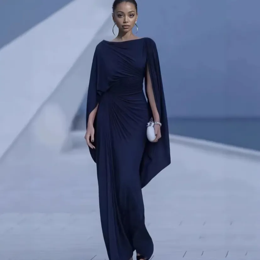 Women Ruched Cape Sleeve Maxi Dress Elegant Solid Color Slash Neck Formal Evening Party Gown Polyester Spandex Slim Fit Dress