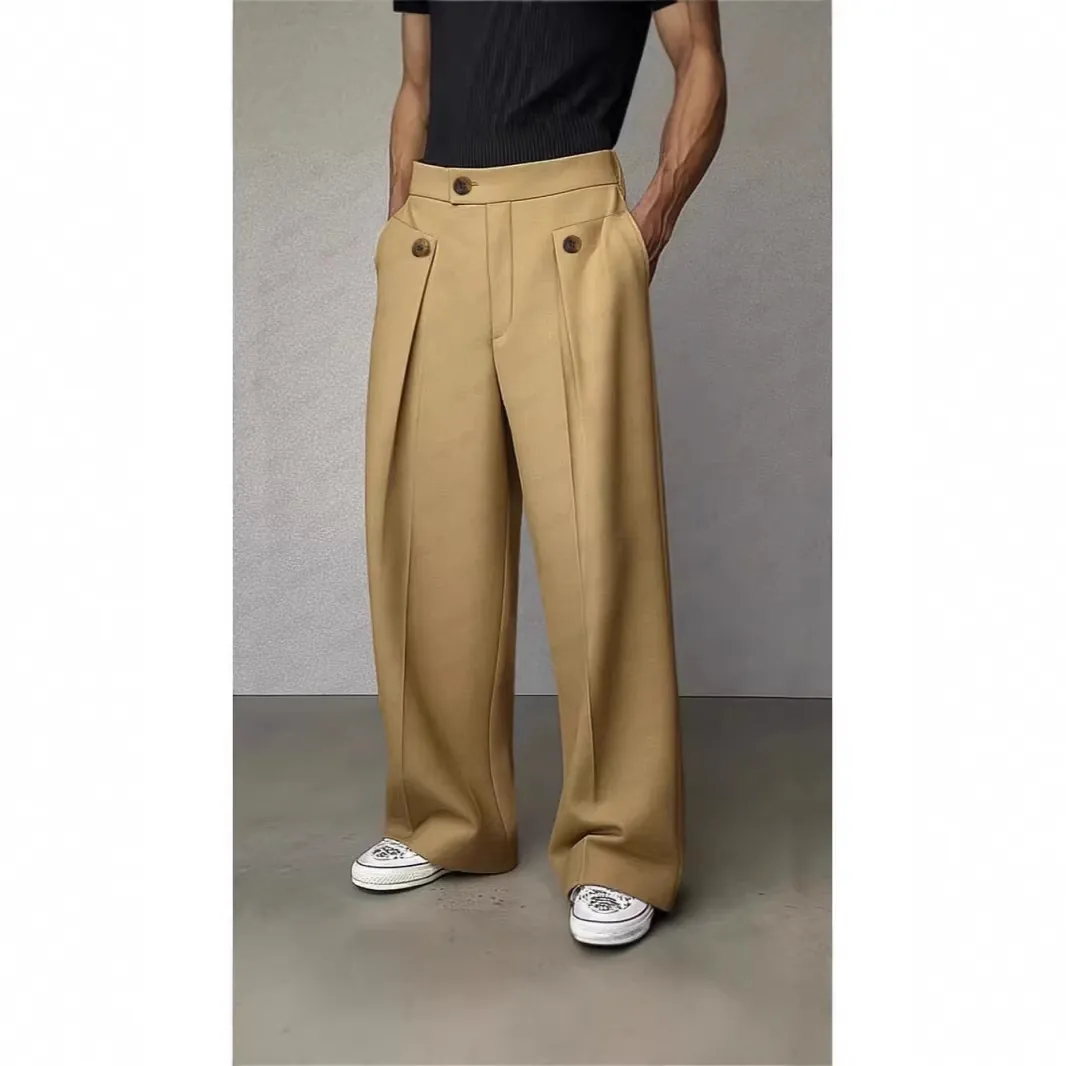 Pantaloni da Abito Casual da Uomo Vita Alta Pieghettati Gamba Dritta Vestibilità Larga in Poliestere Tinta Unita Autunno Inverno