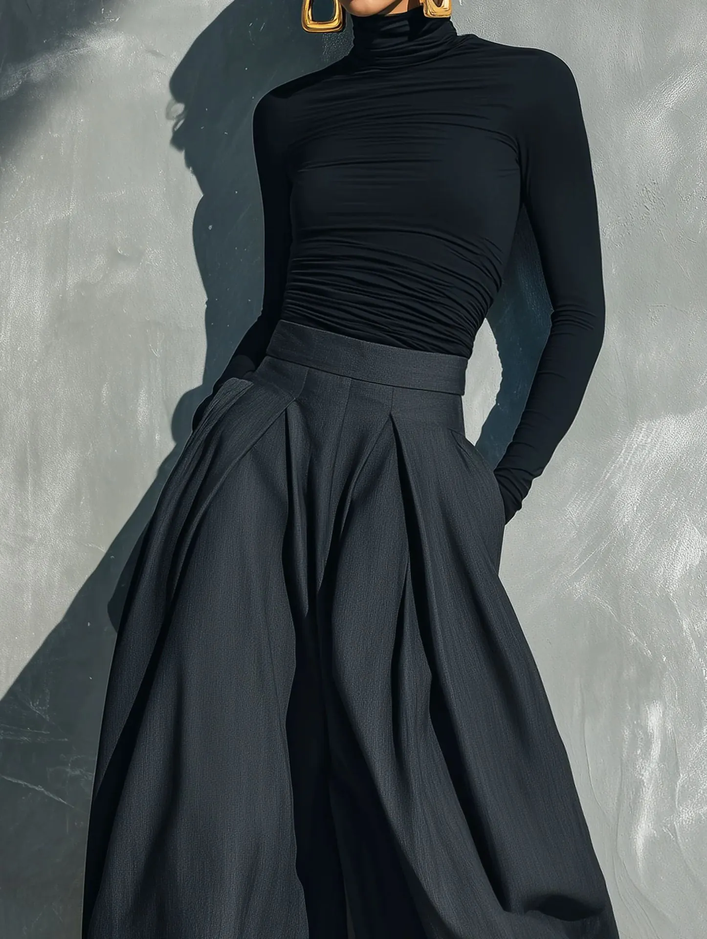 Γυναικείο Casual Fashion Top And Bottom Ψηλός Λαιμός Πλεκτή Μπλούζα με Μακρύ Μανίκι και Υφαντό Παντελόνι με Φαρδύ Πόδι Μαύρο Σκούρο Γκρι
