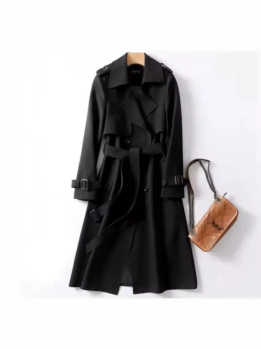 Trench da Donna Lunghezza Media Stile Britannico Poliestere Doppio Petto Antivento Con Cintura Elegante Capispalla con Revers