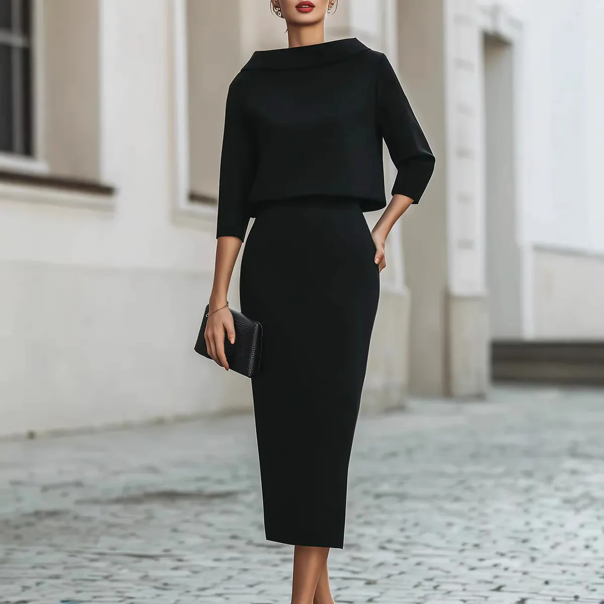 Elegant Urban Commute Women Top And Bottom Set Solid Color Polyester Boat Neck Sleeve Top High Waist Hip Skirt Set