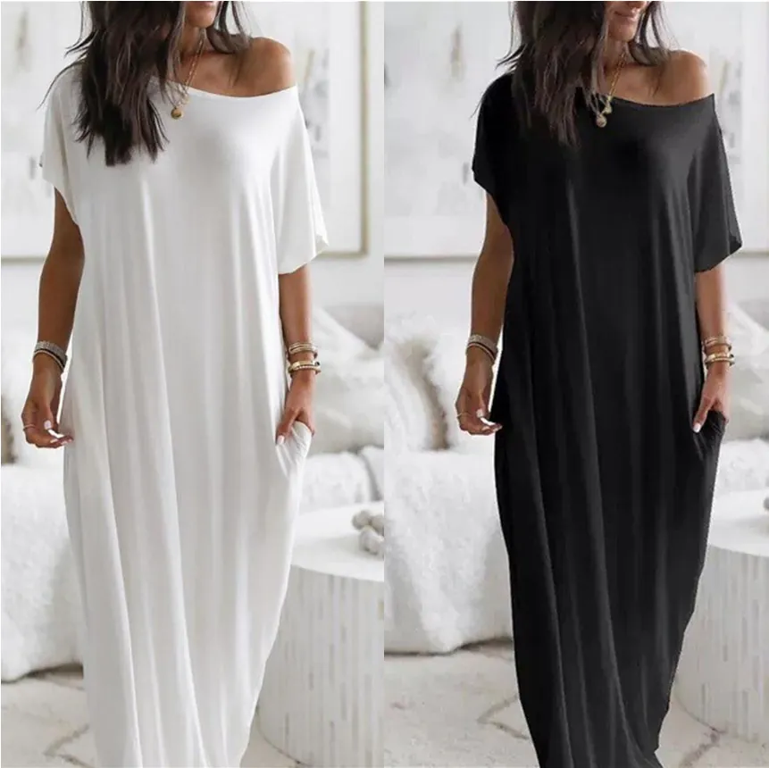 Women Short Sleeve Solid Color Maxi Dress Loose Milk Silk Casual Off-Shoulder Batwing Sleeve Summer Long Dress With Pockets