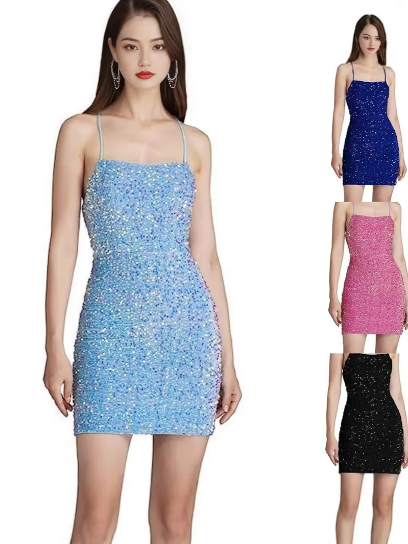 Women Sexy Sequin Bodycon Mini Dress Criss Cross Backless Spaghetti Strap Velvet Party Evening Nightclub Clubwear Dress
