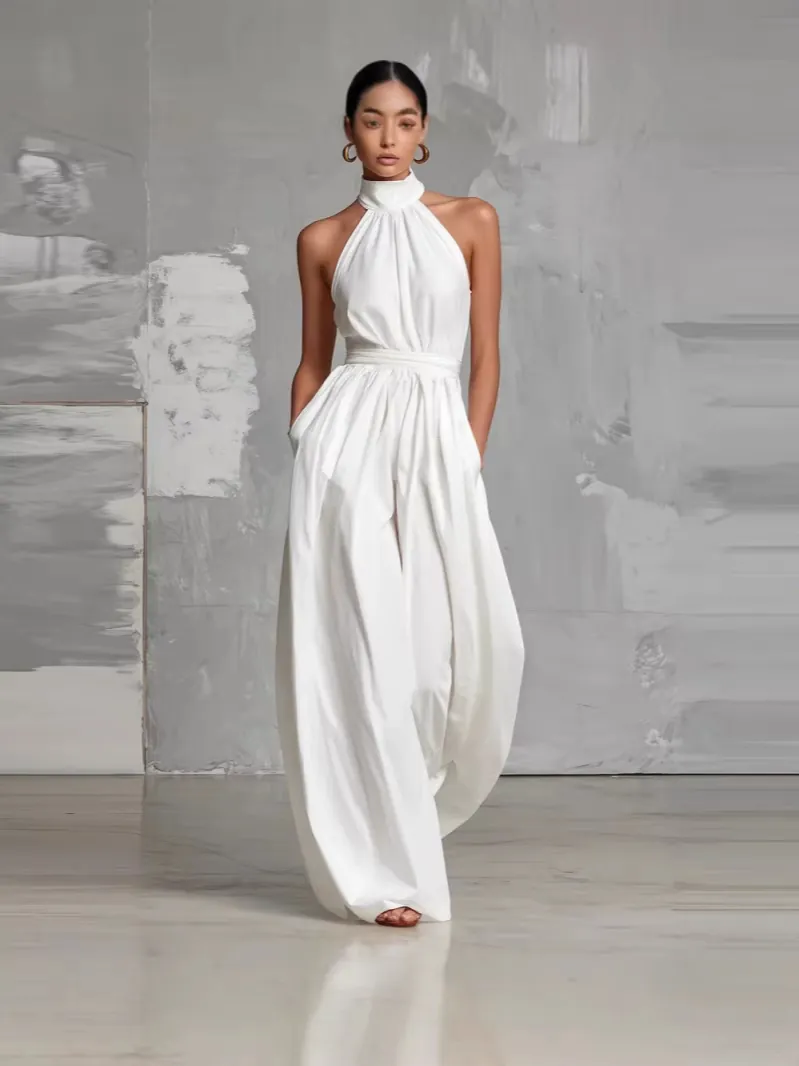 Damen Halterneck Jumpsuit Mit Weitem Bein Polyester Ärmellos Hohe Taille Plissee Elegant Gürtel Rückenfrei Formelle Party Mode Outfit