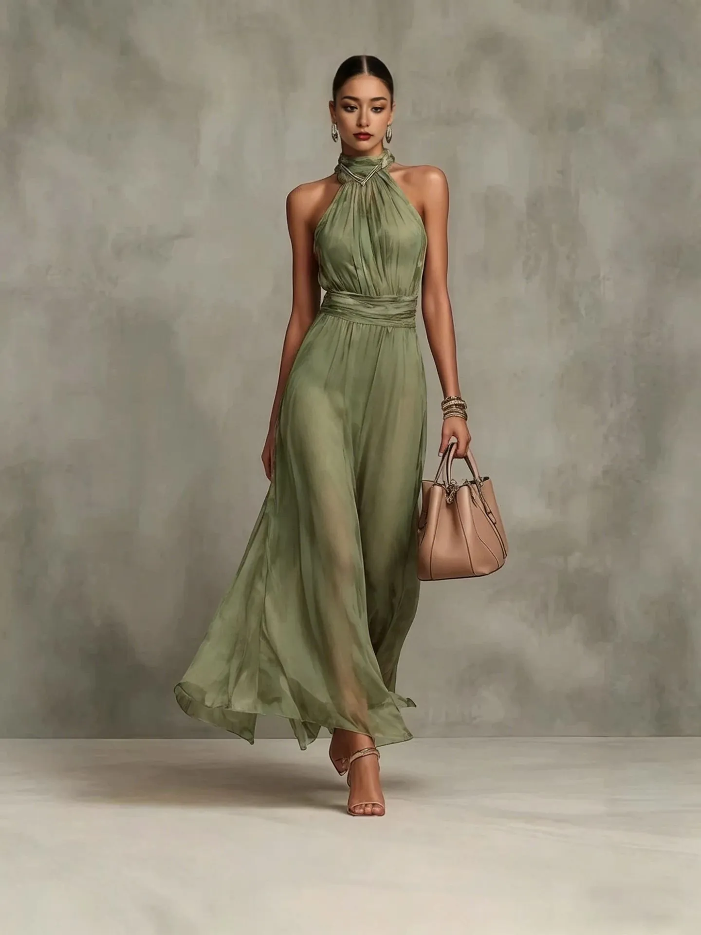 Women Halter Neck Solid Color Chiffon Maxi Dress Vacation Style Slimming Pleated Sleeveless Elegant Evening Party Long Dress