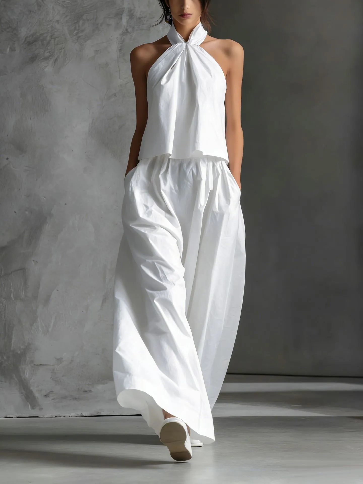 Top Sin Mangas Halter De Verano Para Mujer Y Pantalones De Pierna Ancha De Cintura Alta Minimalistas Color Sólido Ropa Casual