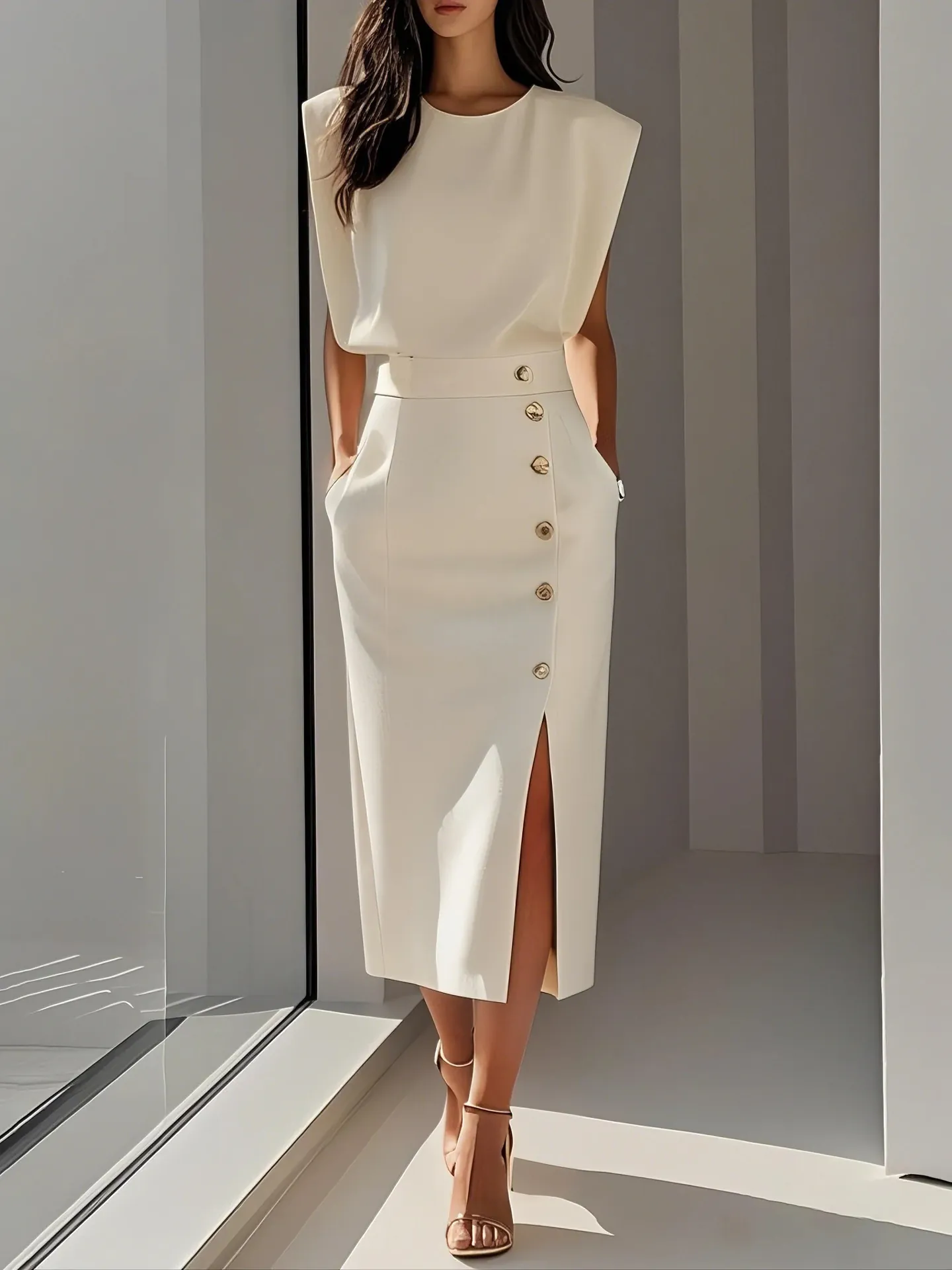 Robe Midi Sans Manches Élégante Col Rond Fente Bouton Taille Haute Couleur Unie Polyester Été Navetteur Robe de Fête
