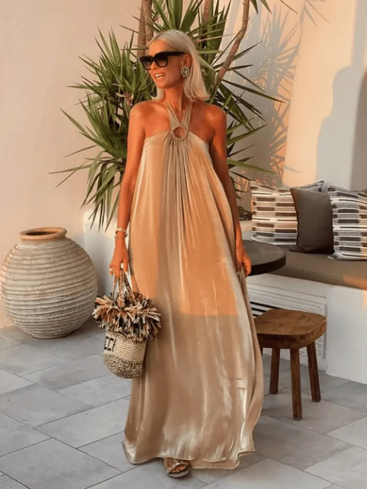 Damen Halterneck Maxikleid Satin Polyester Ärmellos Lose Passform Elegant Resort Urlaub Mode Einfarbig Champagner Gold Kleid