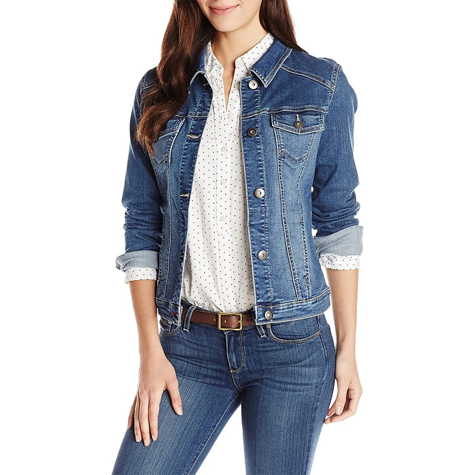 Γυναικείο Slim Fit Τζιν Μπουφάν Πέτο Μακρυμάνικο με Κουμπιά Βαμβακερό Μονόχρωμο Πλυμένο Κοντό Casual Μπουφάν