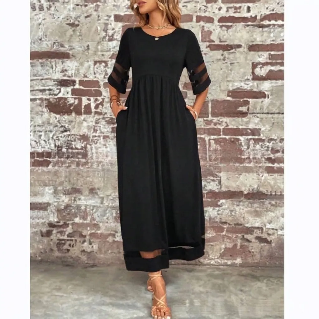 Women Plus Size Maxi Dress Mesh Patchwork Five-Quarter Sleeve Crew Neck Loose Casual Dress With Pockets Polyester Summer Elegant Gown