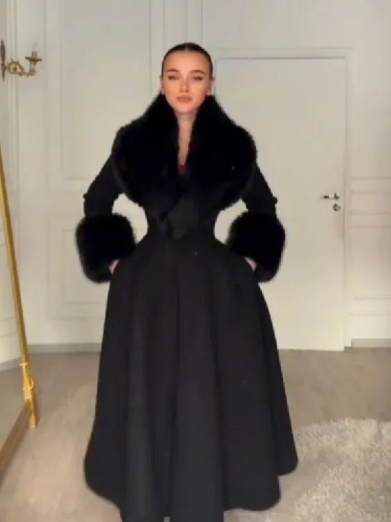 Manteau Long pour Femme Col en Fourrure Amovible Taille Cintrée Manteau en Laine Épais Chaud Élégant Hiver Noir Blanc